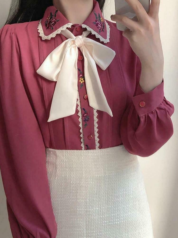 Vintage Rose Embroidered Shirt - Y2K Aesthetic Coquette Style Top