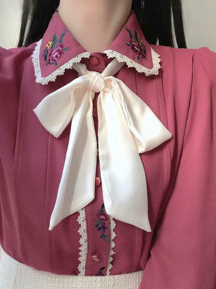 Vintage Rose Embroidered Shirt - Y2K Aesthetic Coquette Style Top