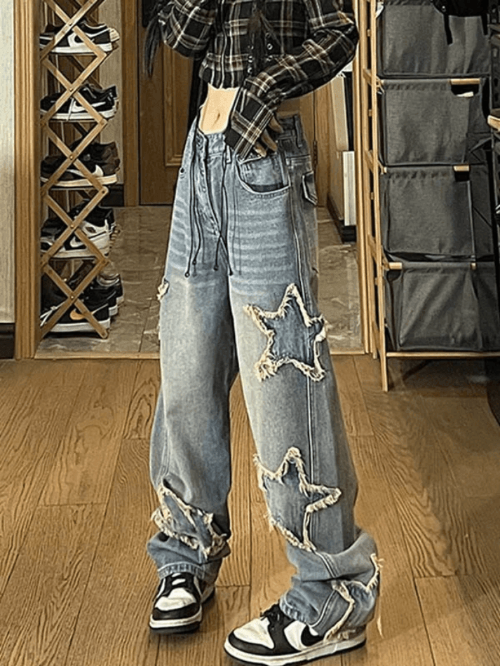 Vintage Star Patch Boyfriend Jeans - Y2K Inspired Distressed Denim for Effortless Style