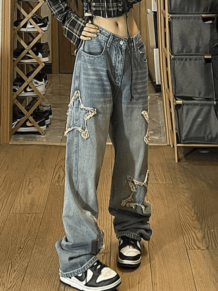 Vintage Star Patch Boyfriend Jeans - Y2K Inspired Distressed Denim for Effortless Style