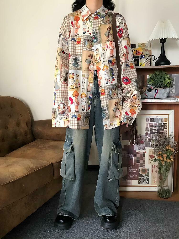 Vintage Y2K Cartoon Oversized Shirt - Trendy 90s Grunge Aesthetic Top for Effortless Style