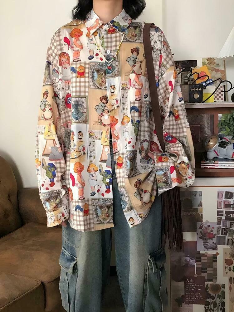 Vintage Y2K Cartoon Oversized Shirt - Trendy 90s Grunge Aesthetic Top for Effortless Style