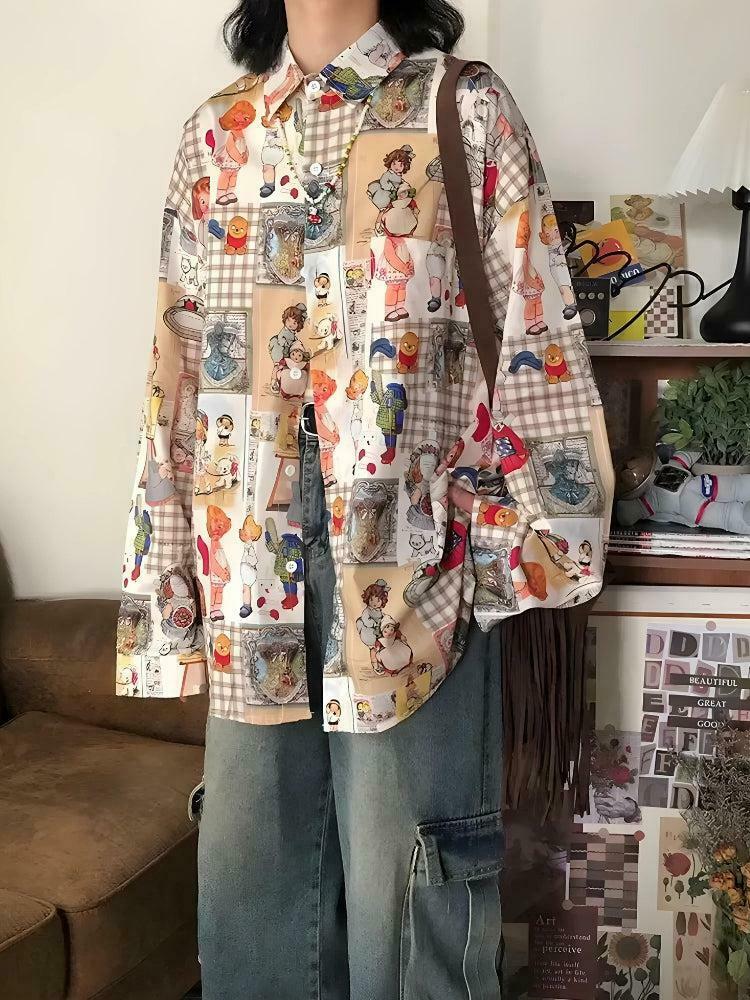 Vintage Y2K Cartoon Oversized Shirt - Trendy 90s Grunge Aesthetic Top for Effortless Style