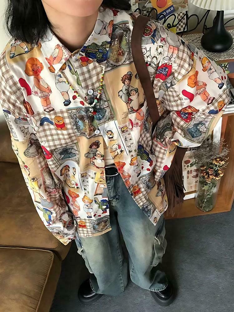Vintage Y2K Cartoon Oversized Shirt - Trendy 90s Grunge Aesthetic Top for Effortless Style