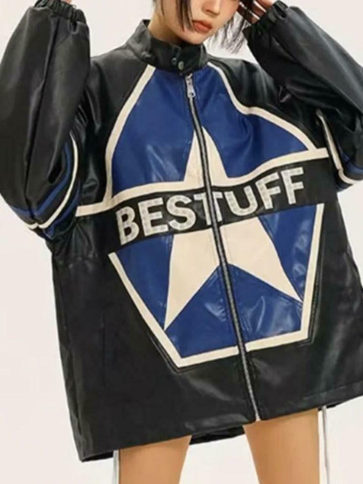 Vintage Y2K Contrast Color Star Leather Jacket - Trendy Grunge Style Outerwear for Summer