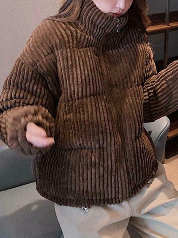 Vintage Y2K Corduroy Padded Jacket - Retro Grunge Style Outerwear for Trendy Looks
