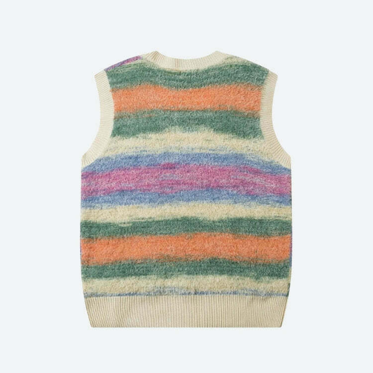 Vintage Y2K Multicolored Yarn Plush Sweater Vest for Cozy Grunge Aesthetic Outfits