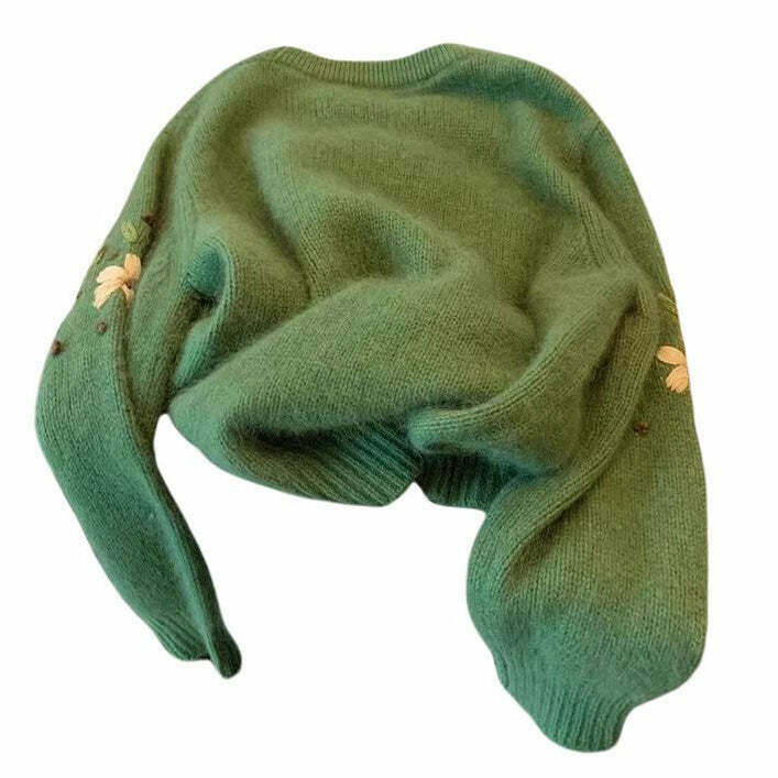 Y2K Aesthetic Cottagecore Floral Embroidery Green Sweater for Women