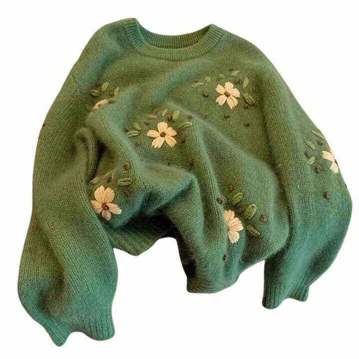 Y2K Aesthetic Cottagecore Floral Embroidery Green Sweater for Women