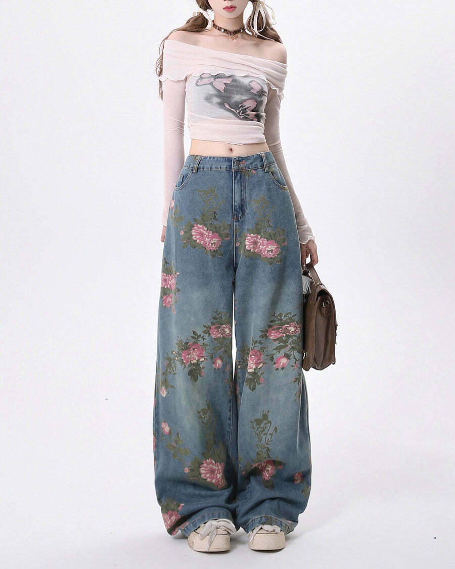 Y2K Aesthetic Cottagecore Rose Print Wide Leg Jeans for Trendy Looks