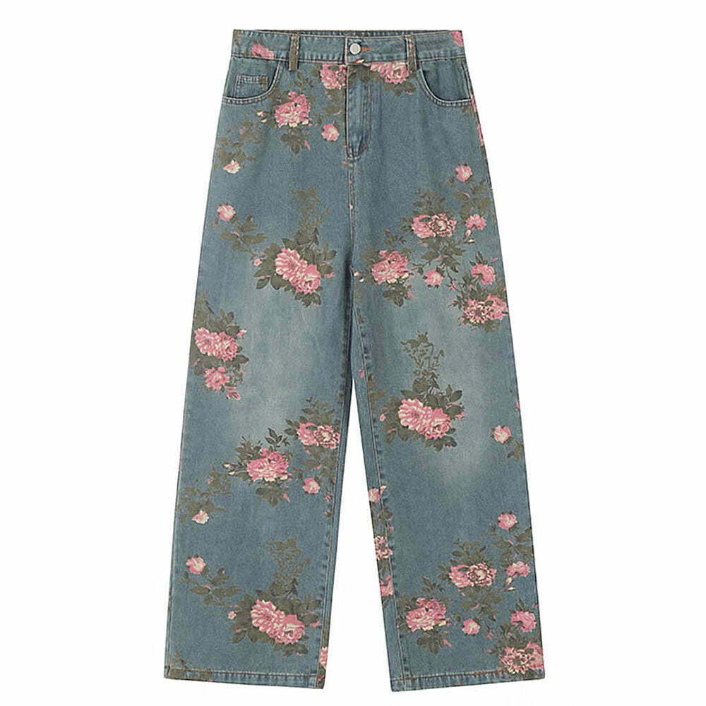 Y2K Aesthetic Cottagecore Rose Print Wide Leg Jeans for Trendy Looks