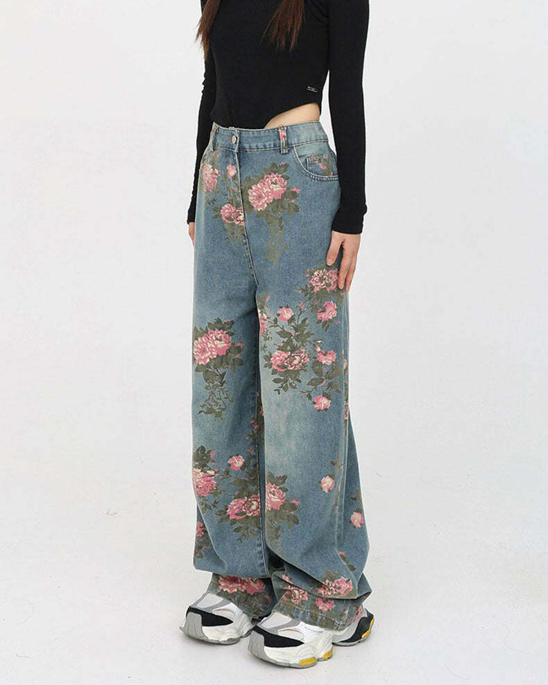 Y2K Aesthetic Cottagecore Rose Print Wide Leg Jeans for Trendy Looks