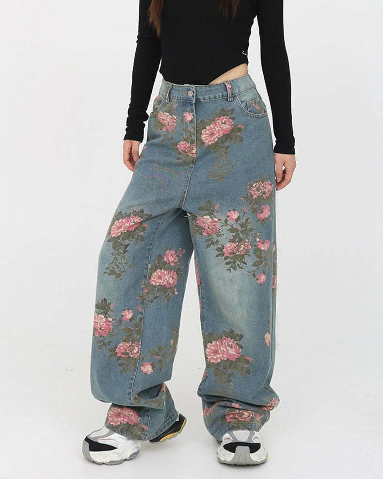 Y2K Aesthetic Cottagecore Rose Print Wide Leg Jeans for Trendy Looks