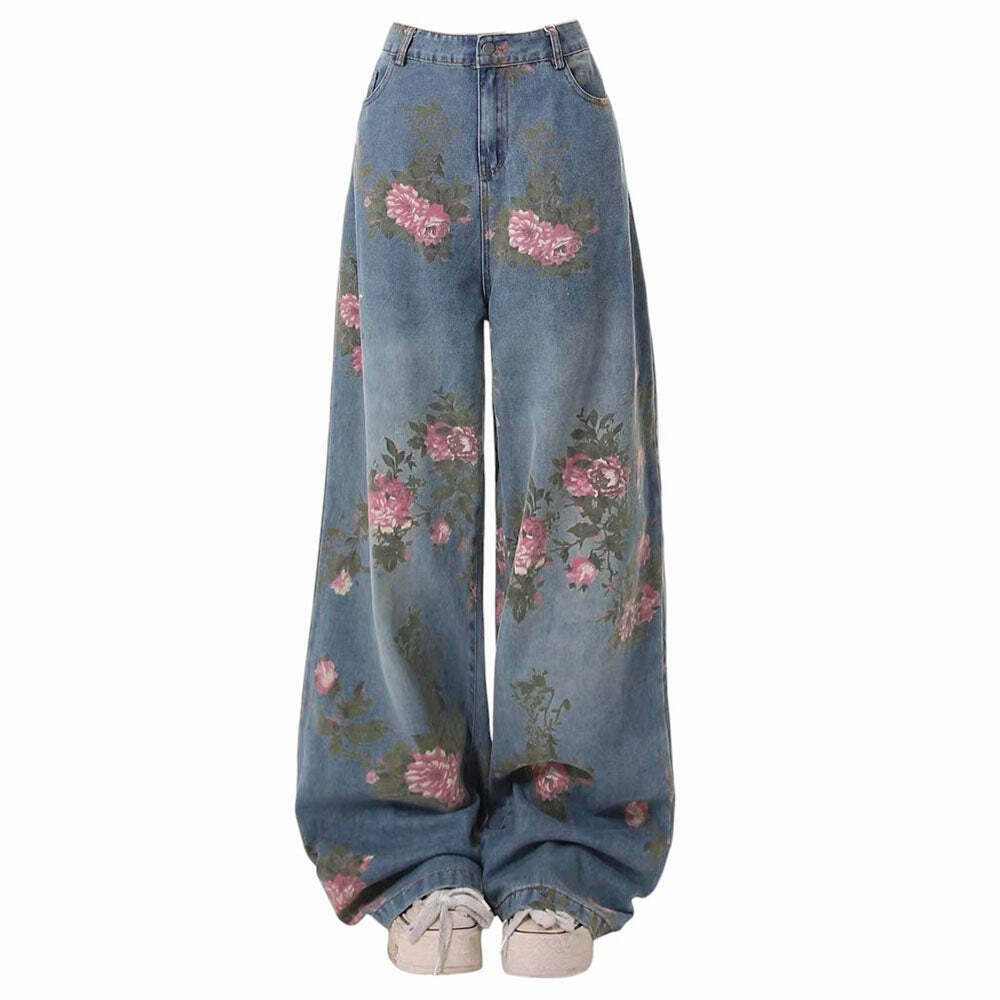 Y2K Aesthetic Cottagecore Rose Print Wide Leg Jeans for Trendy Looks