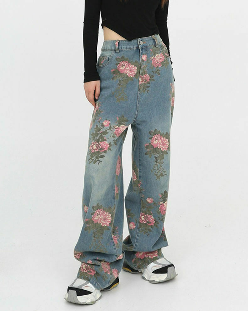 Y2K Aesthetic Cottagecore Rose Print Wide Leg Jeans for Trendy Looks