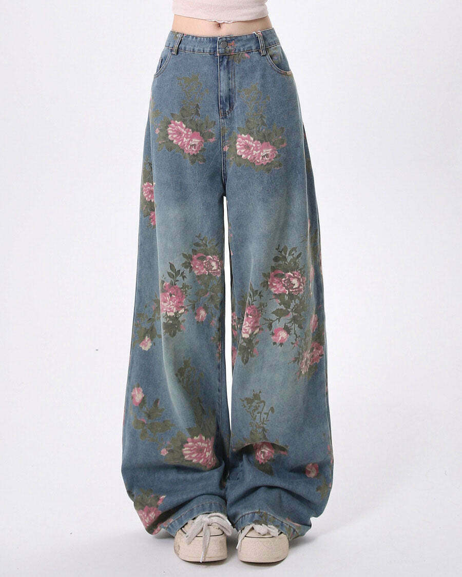 Y2K Aesthetic Cottagecore Rose Print Wide Leg Jeans for Trendy Looks