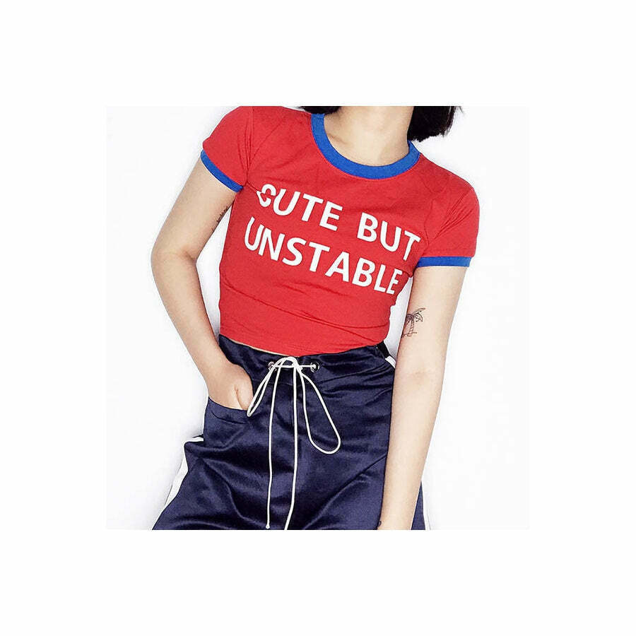 Y2K Aesthetic Cute But Unstable Crop Tee for Trendy Summer Outfits and Casual Vibes