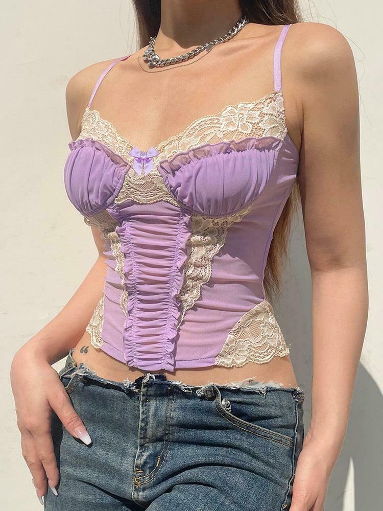 Y2K Aesthetic Lace Strap Crop Top for Trendy Coquette Style