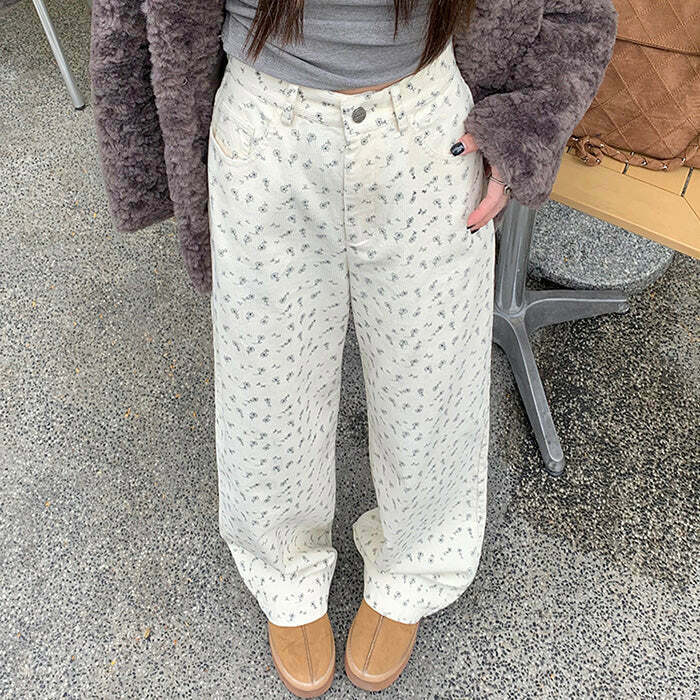 Y2K Aesthetic Vintage Floral Print Cord Pants for Trendy Outfits