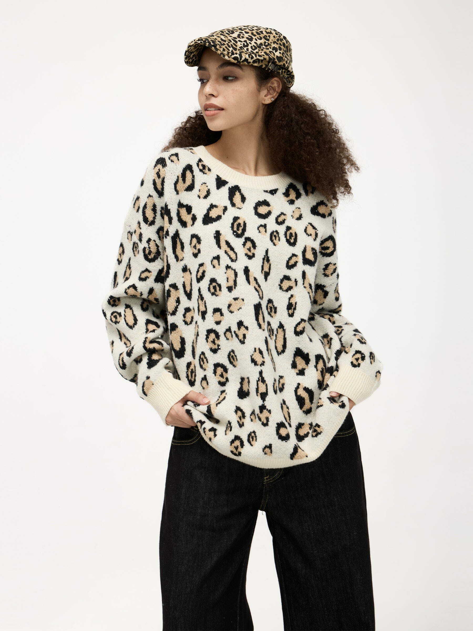 Y2K Apricot Leopard Print Sweater - Trendy 90s Grunge Style for Summer Outfits