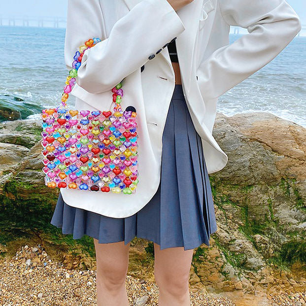 Y2K Candy Hearts Beaded Handbag - Cute Accessory for Summer Outfits & 90s Aesthetic Looks