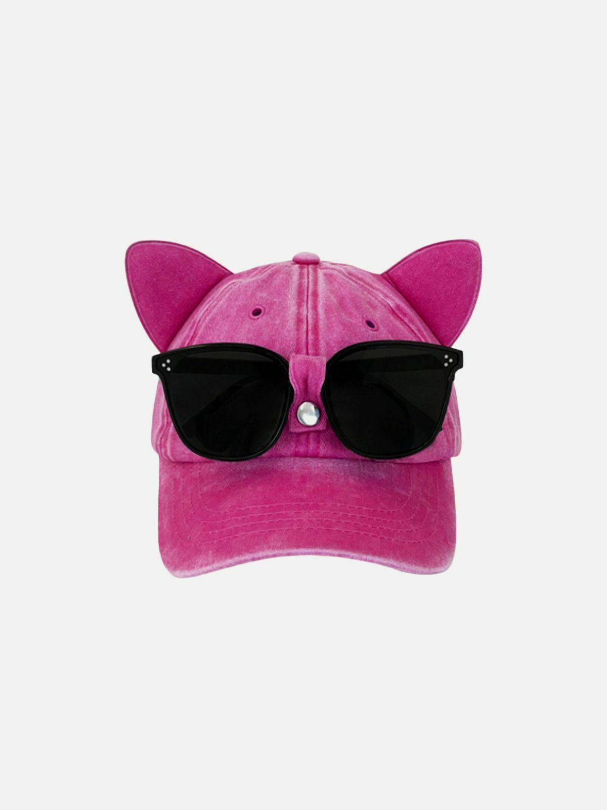 Y2K Cat Ear Washed Cap with Sunglasses - Trendy Grunge Accessory for Y2K Summer Outfits