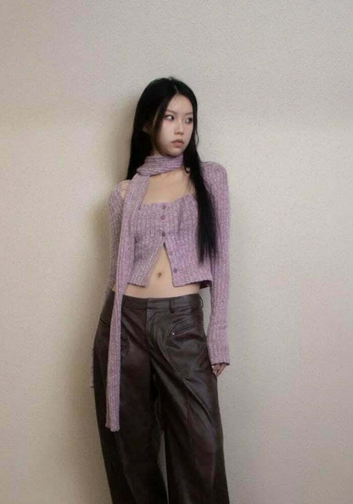 Y2K Corduroy Cropped Cardigan with Scarf - Trendy Layering Piece for Vintage Aesthetic