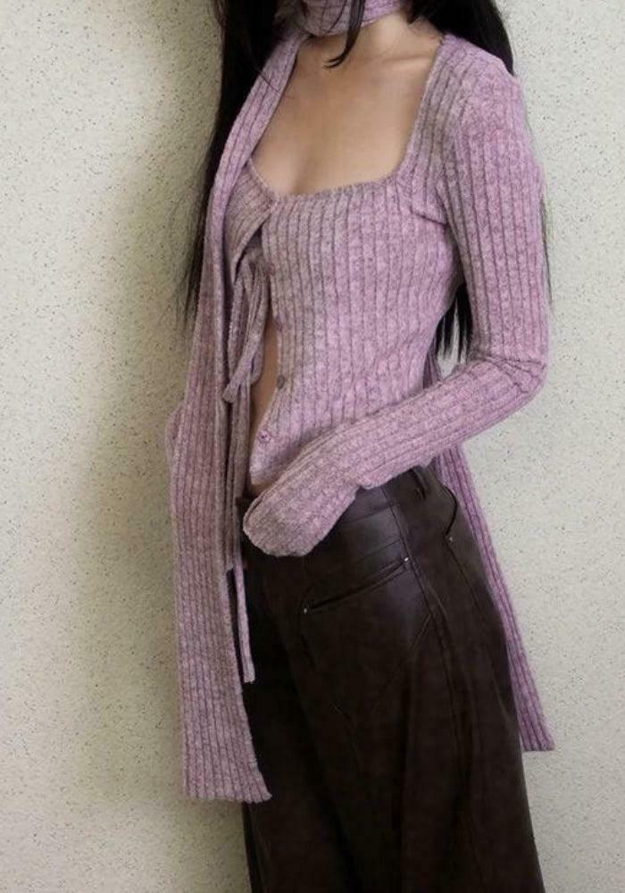 Y2K Corduroy Cropped Cardigan with Scarf - Trendy Layering Piece for Vintage Aesthetic