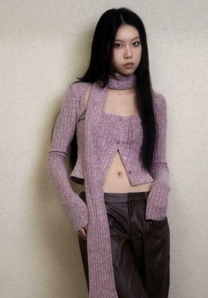Y2K Corduroy Cropped Cardigan with Scarf - Trendy Layering Piece for Vintage Aesthetic