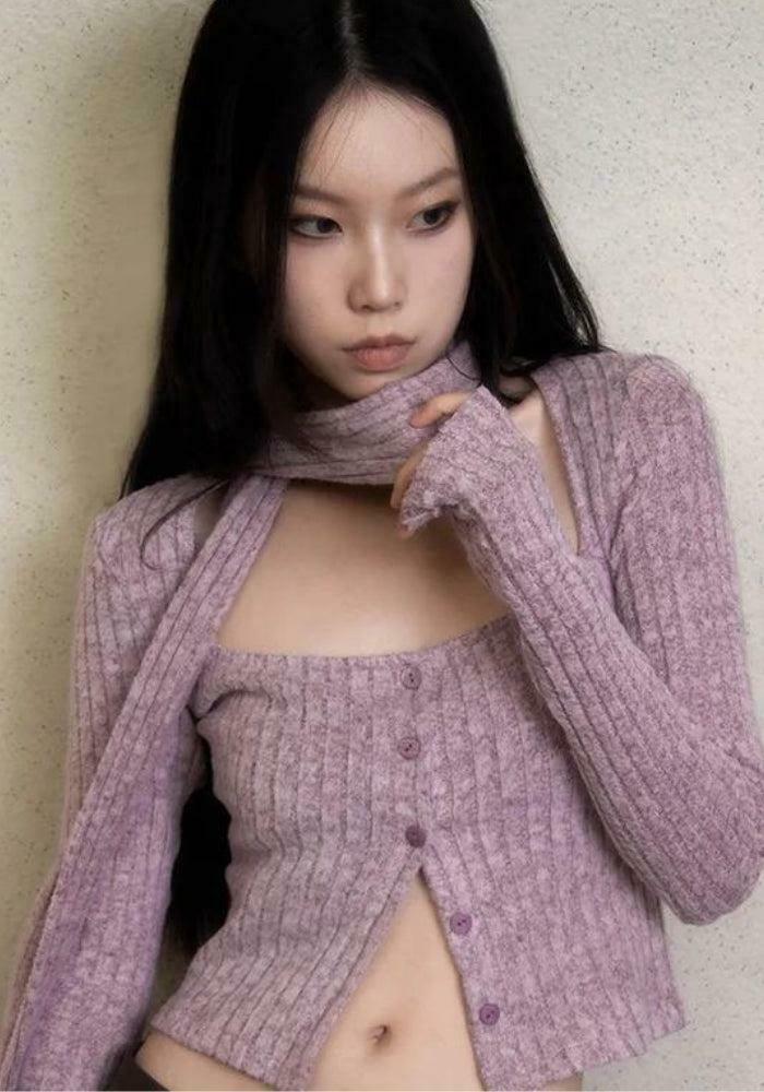 Y2K Corduroy Cropped Cardigan with Scarf - Trendy Layering Piece for Vintage Aesthetic