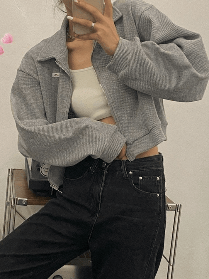 Y2K Cropped Zip-Up Jacket: Trendy Grunge Style for Effortless Summer Outfits