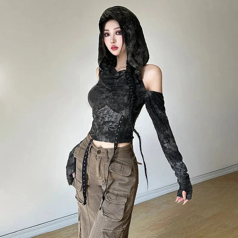 Y2K Cyberpunk Off-Shoulder Hooded Top for Trendy Summer Outfits and Aesthetic Looks