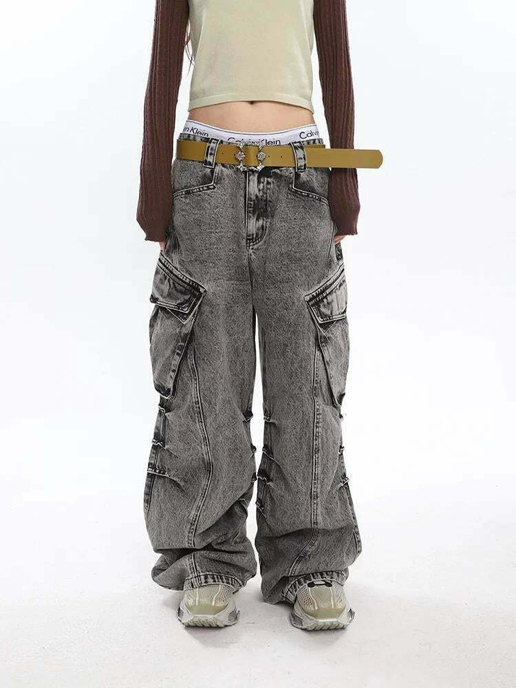 Y2K Distressed Cargo Jeans with Oversized Pockets for Trendy Summer Outfits