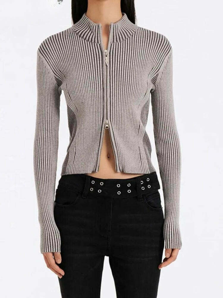 Y2K Distressed Corduroy Cardigan with Double Zip - Trendy Grunge Layering Piece