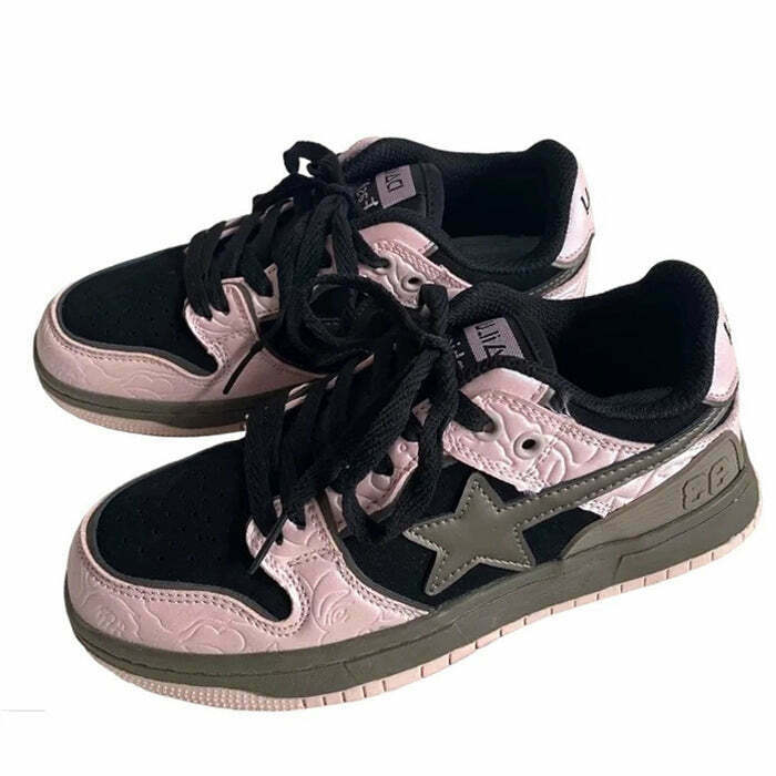 Y2K Fashion Black & Pink Star Sneakers - Trendy 2000s Style Footwear