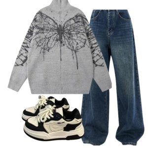 Y2K Fashion: Oversized Dark Wash Wide-Leg Jeans & Butterfly Grunge Sweater