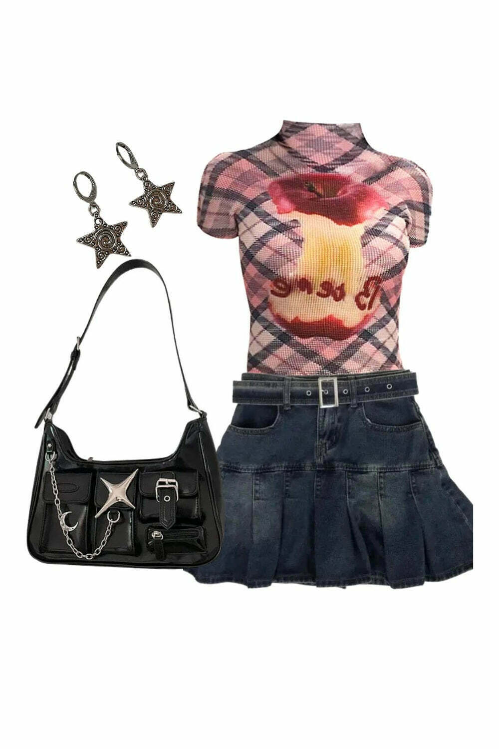 Y2K Fashion Plaid Applecore Mesh Crop Top & Vintage Denim Mini Skirt Set