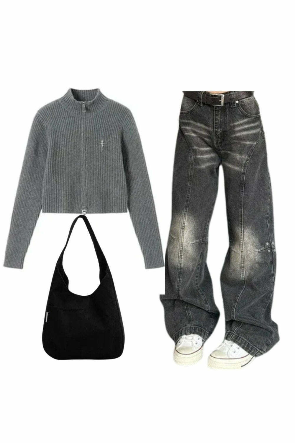 Y2K Fashion: Ribbed Zip-Up Turtleneck Sweater & Washed Black Wide-Leg Jeans