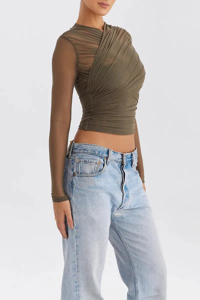 Y2K Fashion Ruched Sheer Zip-Up Mesh Top for Aesthetic Coquette Style