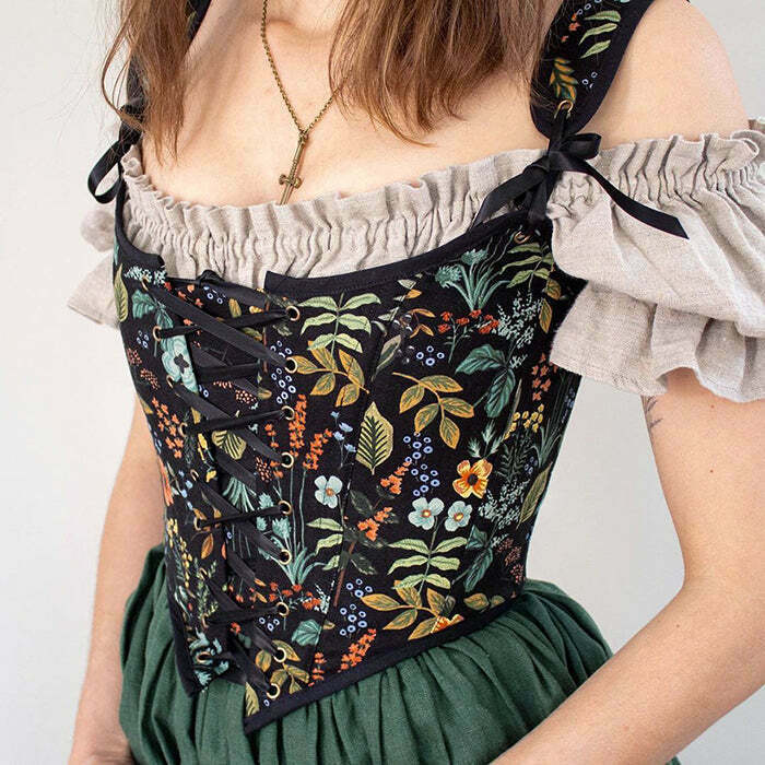 Y2K Fashion Vintage Floral Print Corset - 2000s Style Aesthetic Top