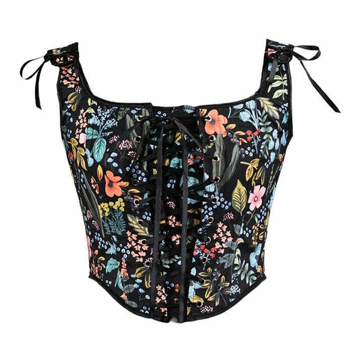 Y2K Fashion Vintage Floral Print Corset - 2000s Style Aesthetic Top