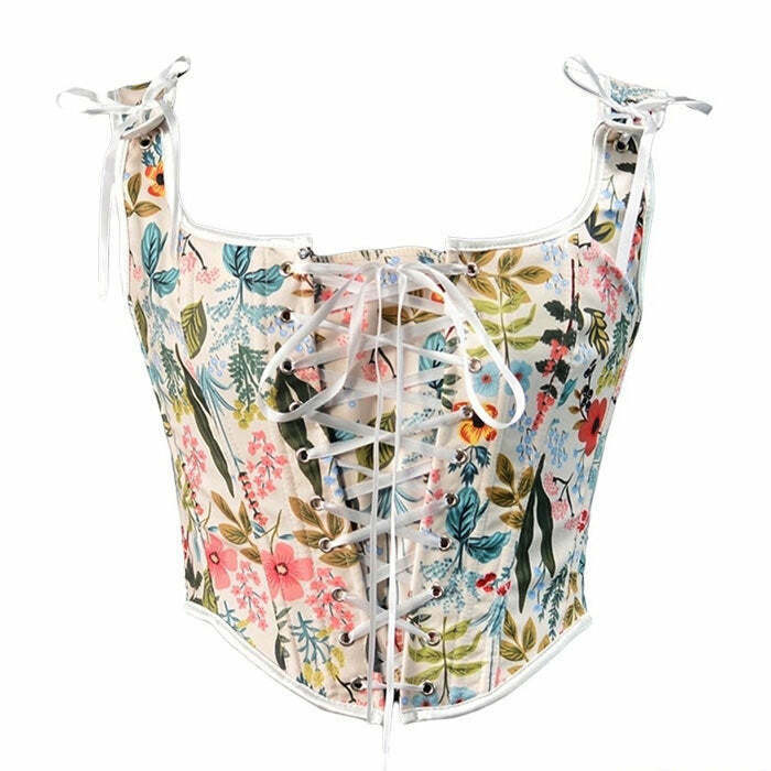 Y2K Fashion Vintage Floral Print Corset - 2000s Style Aesthetic Top
