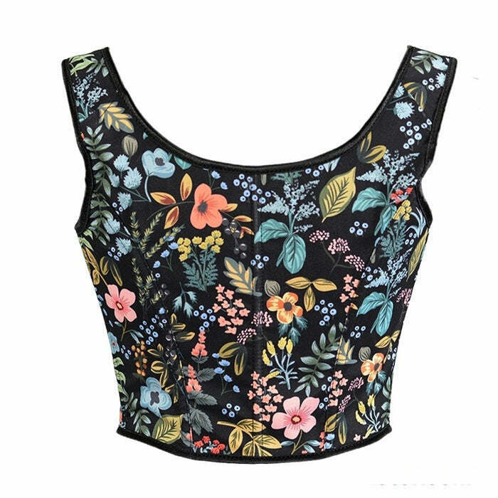 Y2K Fashion Vintage Floral Print Corset - 2000s Style Aesthetic Top