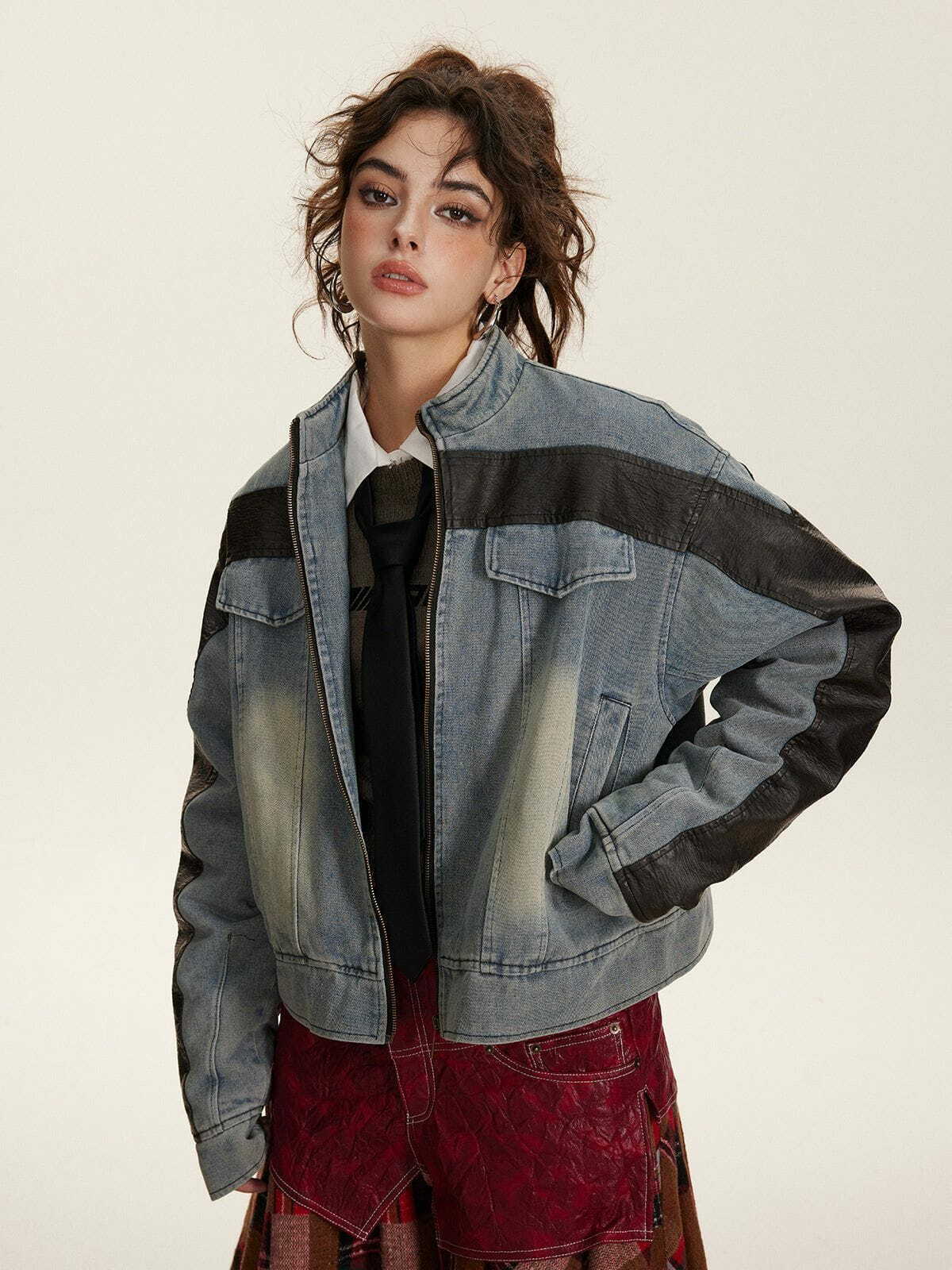 Y2K Faux Leather Patchwork Denim Racing Jacket for Retro 90s Grunge Style Outfits