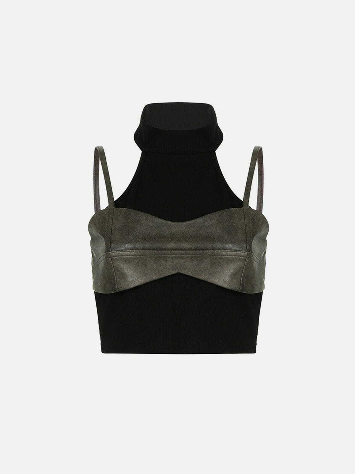 Y2K Faux Leather Patchwork Tank Top - Trendy Grunge Summer Outfit for a Retro Vibe