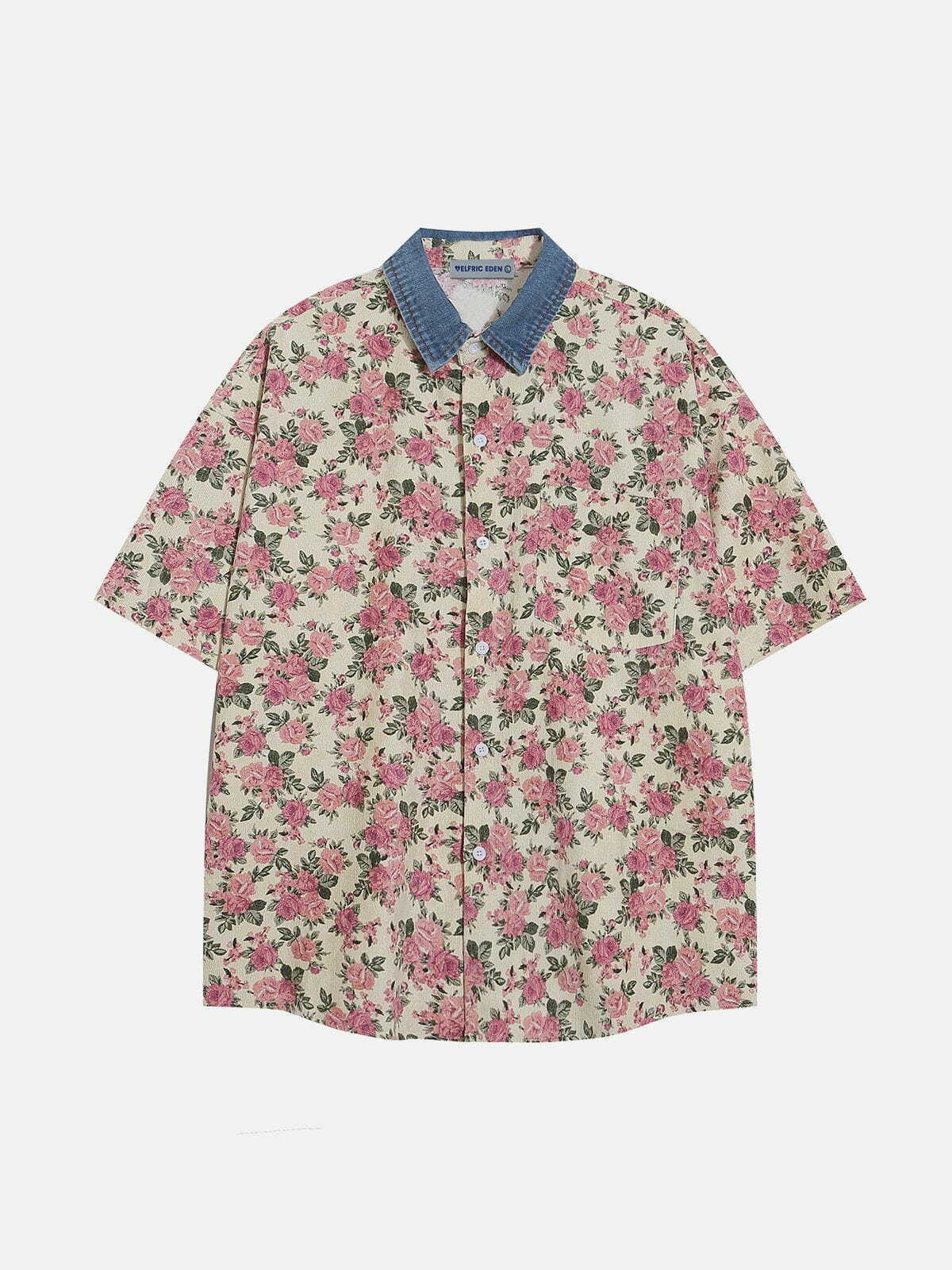 Y2K Floral Corduroy Short Sleeve Shirt - Retro 90s Summer Outfit Essential for Trendy Women