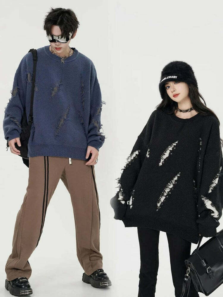 Y2K Grunge Claw Distressed Knitted Sweater - Aesthetic Coquette Style