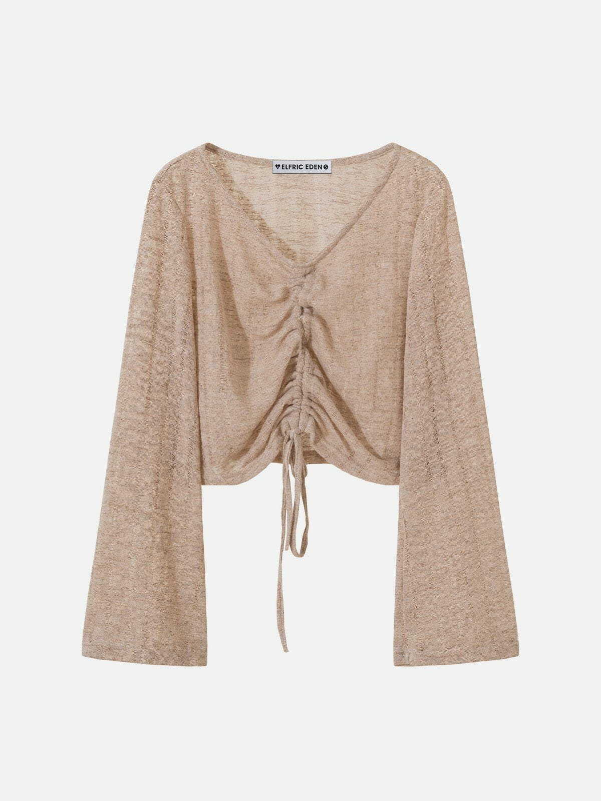 Y2K Grunge Drawstring Distressed Long Sleeve Tee for Retro Summer Outfits