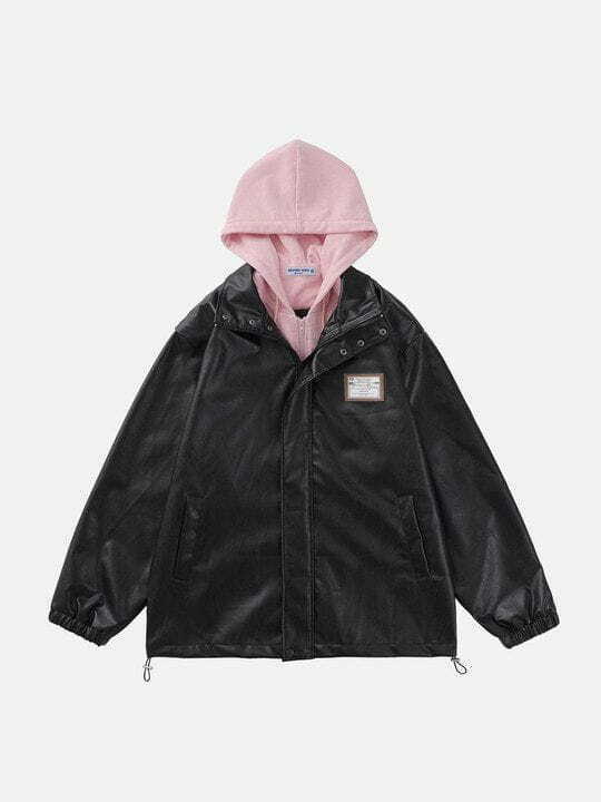 Y2K Grunge Faux Leather Two-Piece Patchwork Hoodie Set for Trendy Summer Outfits