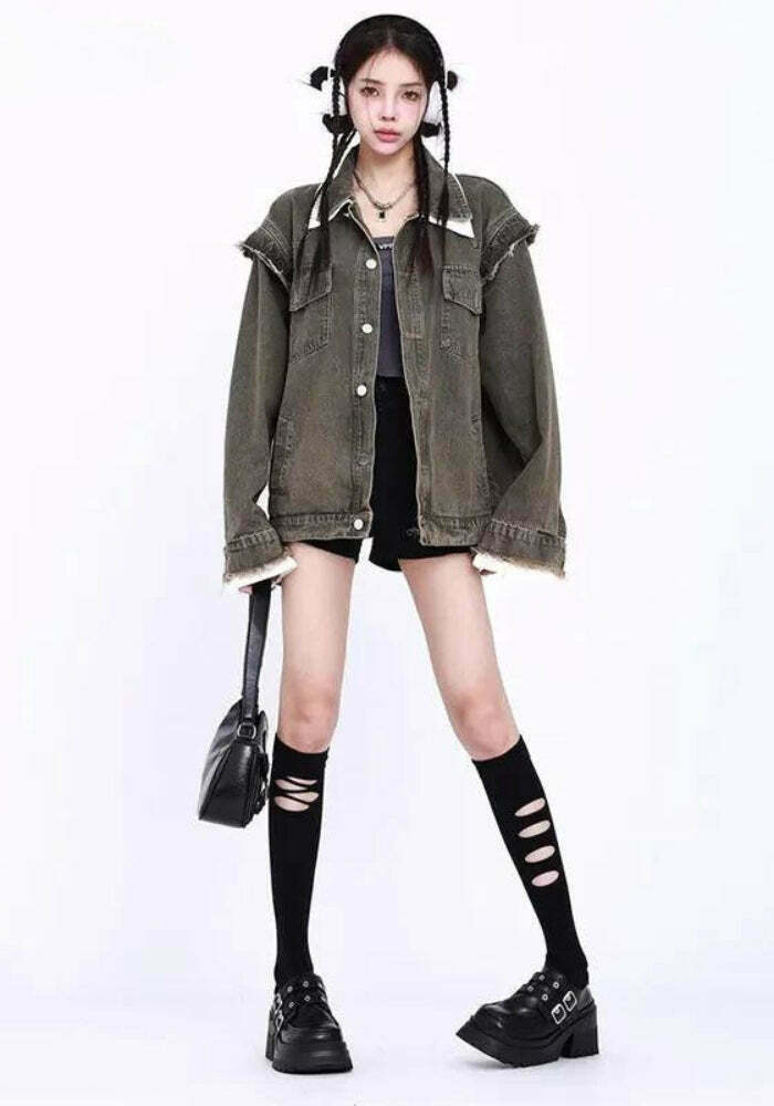 Y2K Grunge Oversized Denim Jacket - Vintage-Inspired Button-Up for Effortless Style